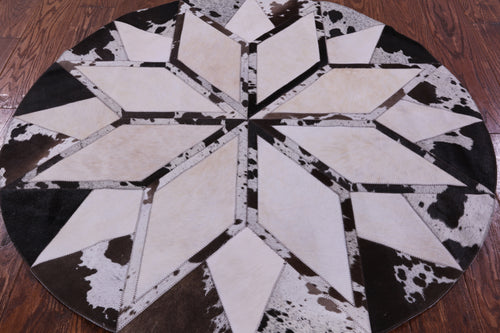 Brown & White Round Star Patchwork Natural Cowhide Rug - 4' 0