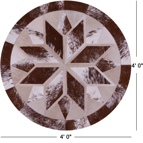 Brown & White Round Patchwork Natural Cowhide Rug - 4' 0