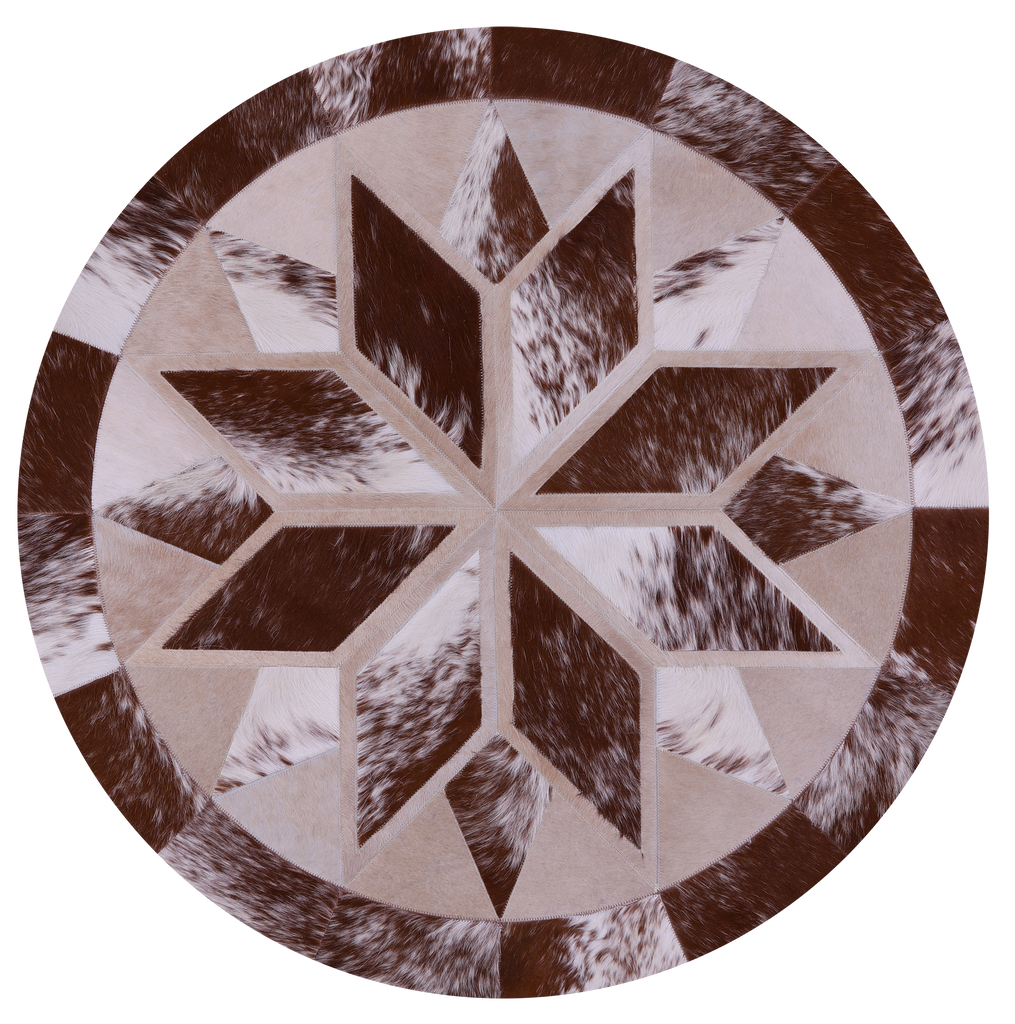 Brown & White Round Patchwork Natural Cowhide Rug - 4' 0" x 4' 0"