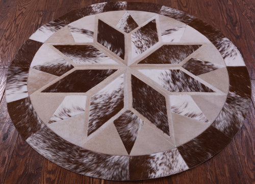 Brown & White Round Patchwork Natural Cowhide Rug - 4' 0