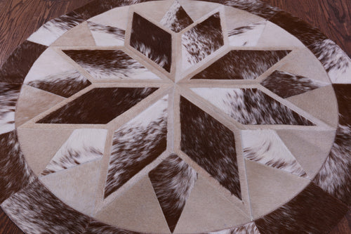 Brown & White Round Patchwork Natural Cowhide Rug - 4' 0
