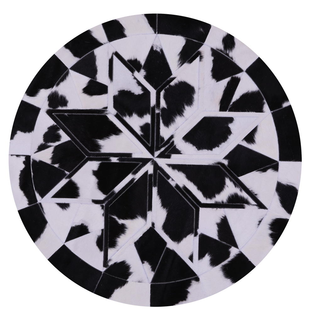 Black & White Round Star Patchwork Natural Cowhide Rug - 4' 0" x 4' 0"