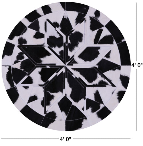 Black & White Round Star Patchwork Natural Cowhide Rug - 4' 0
