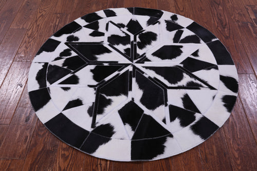 Black & White Round Star Patchwork Natural Cowhide Rug - 4' 0