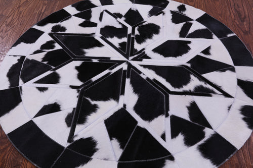 Black & White Round Star Patchwork Natural Cowhide Rug - 4' 0
