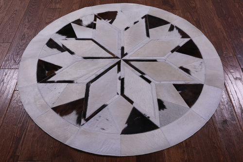 Brown & White Round Patchwork Natural Cowhide Rug - 4' 0