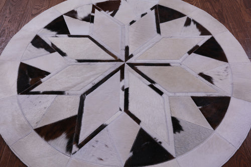 Brown & White Round Patchwork Natural Cowhide Rug - 4' 0