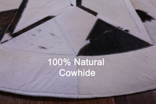 Brown & White Round Patchwork Natural Cowhide Rug - 4' 0