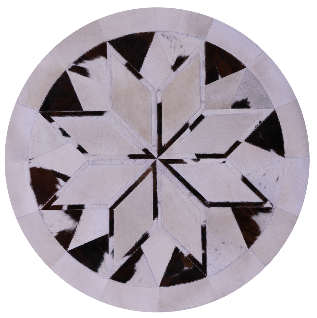 Brown & White Round Patchwork Natural Cowhide Rug - 4' 0" x 4' 0"