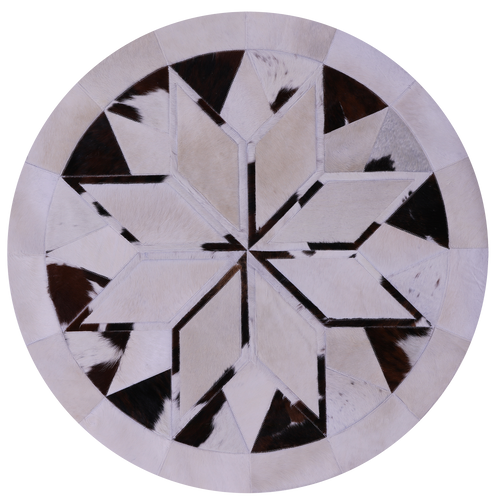 Brown & White Round Patchwork Natural Cowhide Rug - 4' 0