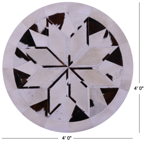 Brown & White Round Patchwork Natural Cowhide Rug - 4' 0