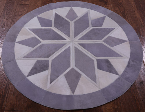 Grey & White Round Patchwork Natural Cowhide Rug - 4' 0