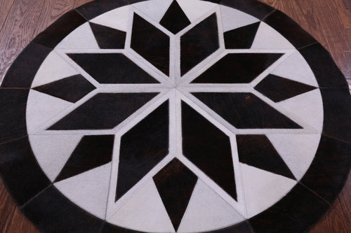 Brown & White Round Patchwork Natural Cowhide Rug - 4' 0