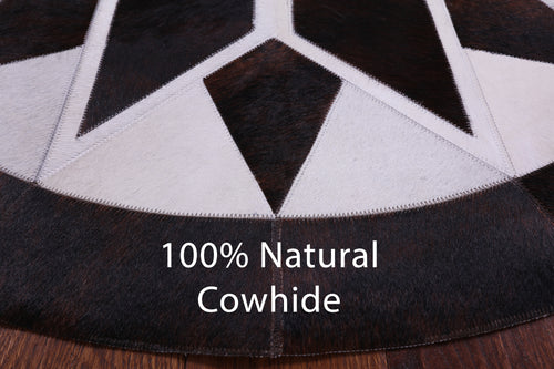 Brown & White Round Patchwork Natural Cowhide Rug - 4' 0