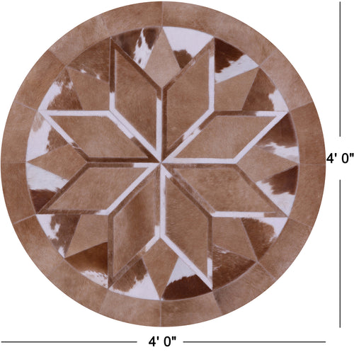 Brown & White Round Patchwork Natural Cowhide Rug - 4' 0