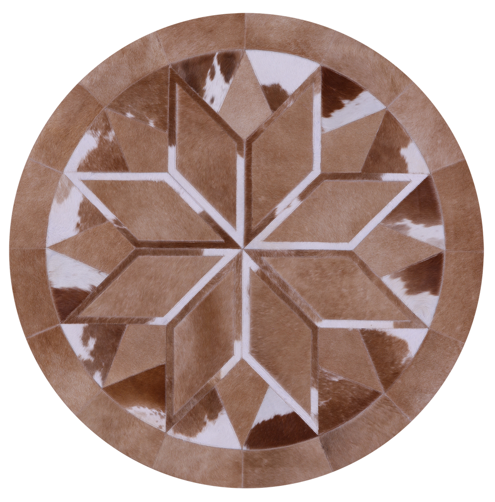 Brown & White Round Patchwork Natural Cowhide Rug - 4' 0" x 4' 0"