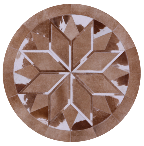Brown & White Round Patchwork Natural Cowhide Rug - 4' 0