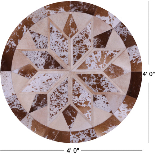 Brown & White Round Patchwork Natural Cowhide Rug - 4' 0