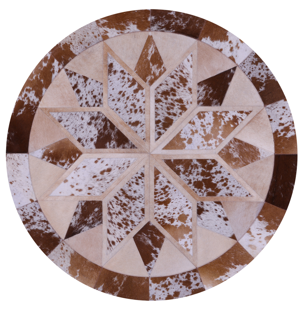 Brown & White Round Patchwork Natural Cowhide Rug - 4' 0" x 4' 0"