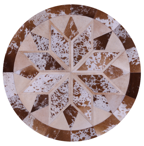Brown & White Round Patchwork Natural Cowhide Rug - 4' 0