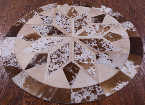 Brown & White Round Patchwork Natural Cowhide Rug - 4' 0