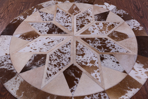 Brown & White Round Patchwork Natural Cowhide Rug - 4' 0