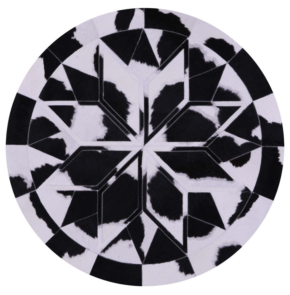 Black & White Round Patchwork Natural Cowhide Rug - 4' 0" x 4' 0"