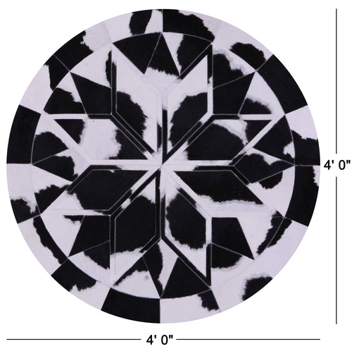 Black & White Round Patchwork Natural Cowhide Rug - 4' 0