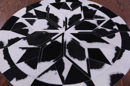 Black & White Round Patchwork Natural Cowhide Rug - 4' 0