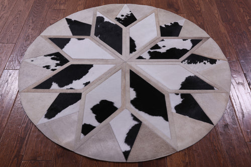 Black & White Round Patchwork Natural Cowhide Rug - 4' 0