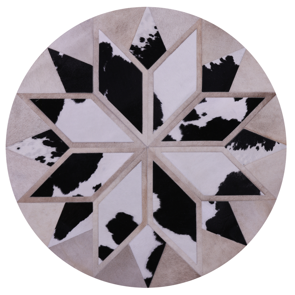 Black & White Round Patchwork Natural Cowhide Rug - 4' 0" x 4' 0"