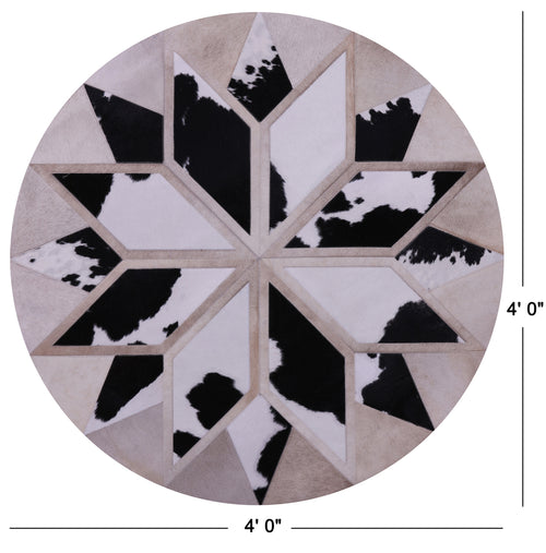 Black & White Round Patchwork Natural Cowhide Rug - 4' 0