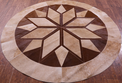 Brown Round Patchwork Natural Cowhide Rug - 6' 6