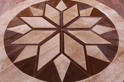 Brown Round Patchwork Natural Cowhide Rug - 6' 6