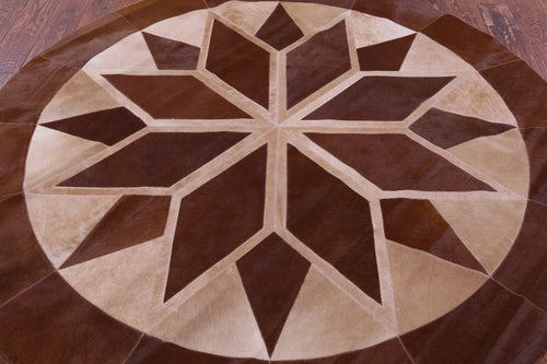 Brown Round Patchwork Natural Cowhide Rug - 6' 6