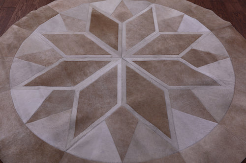 Brown Round Patchwork Natural Cowhide Rug - 6' 6