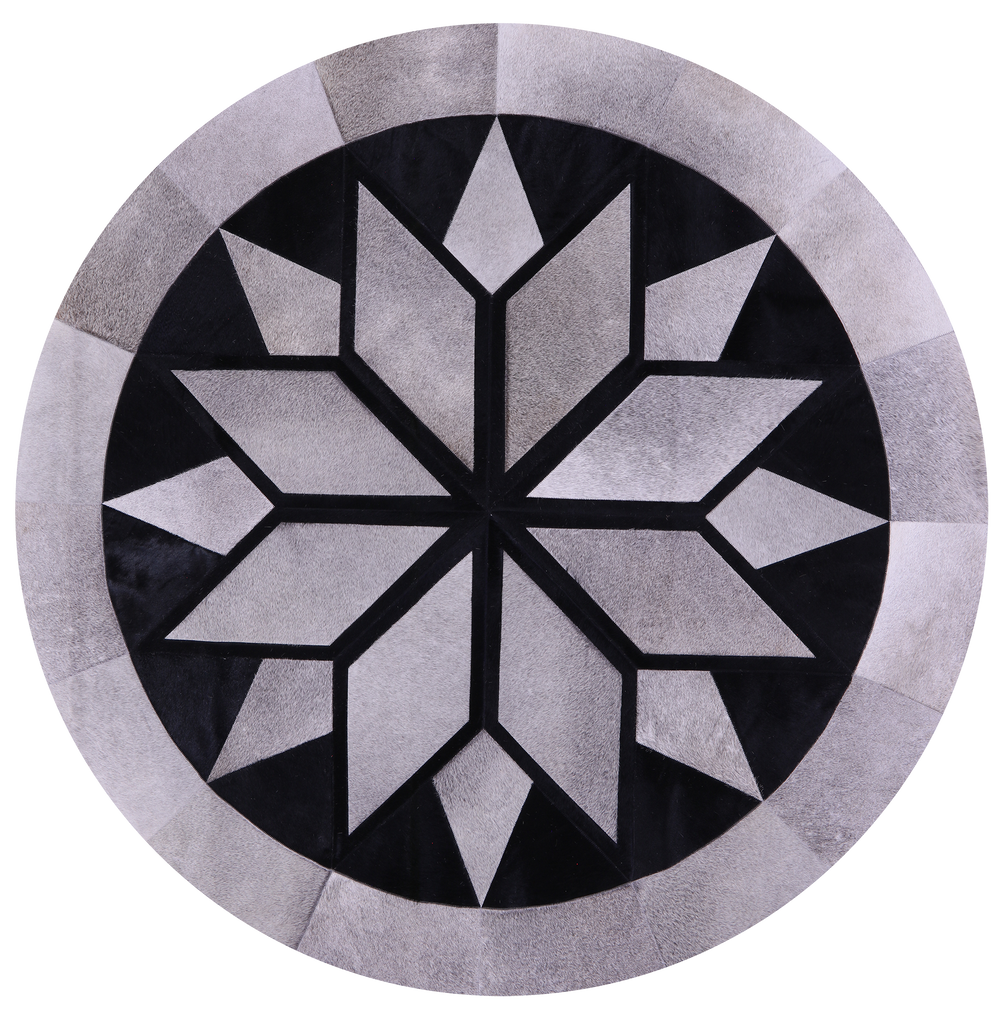Grey Round Patchwork Black Natural Cowhide Rug - 6' 6" x 6' 6"