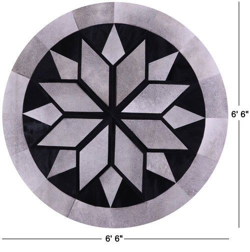 Grey Round Patchwork Black Natural Cowhide Rug - 6' 6