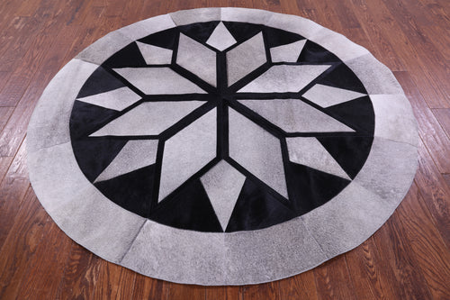 Grey Round Patchwork Black Natural Cowhide Rug - 6' 6
