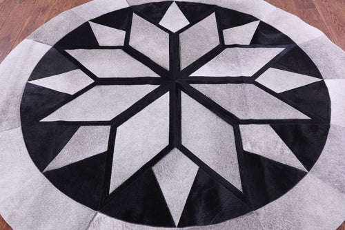 Grey Round Patchwork Black Natural Cowhide Rug - 6' 6