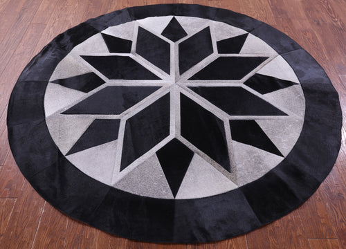 Black Round Patchwork Grey Natural Cowhide Rug - 6' 6