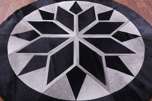 Black Round Patchwork Grey Natural Cowhide Rug - 6' 6