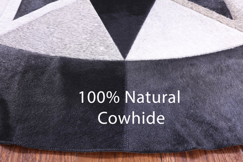 Black Round Patchwork Grey Natural Cowhide Rug - 6' 6