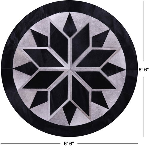 Black Round Patchwork Grey Natural Cowhide Rug - 6' 6