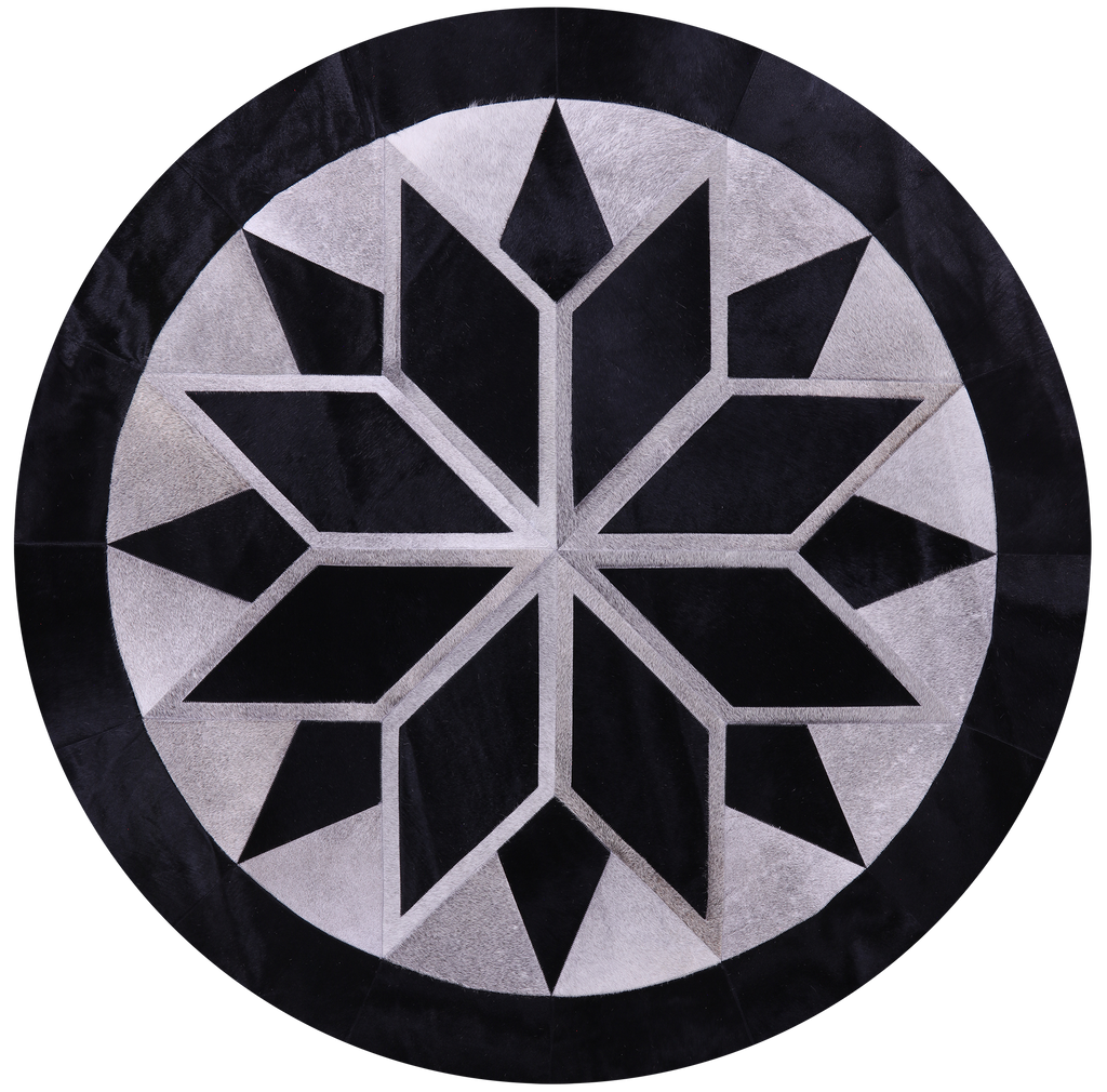 Black Round Patchwork Grey Natural Cowhide Rug - 6' 6" x 6' 6"