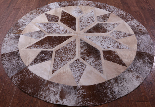 Brown Salt & Pepper Round Patchwork Natural Cowhide Rug - 6' 7