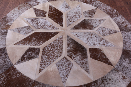 Brown Salt & Pepper Round Patchwork Natural Cowhide Rug - 6' 7