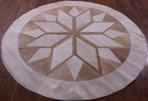 Brown Round Patchwork Natural Cowhide Rug - 6' 7
