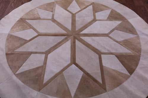 Brown Round Patchwork Natural Cowhide Rug - 6' 7