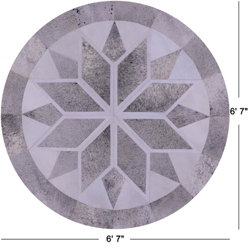 Grey & White Round Patchwork Natural Cowhide Rug - 6' 7